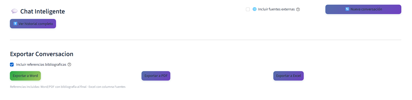 Panel de exportación de conversación con opciones de formato Word, PDF y Excel